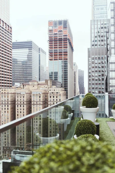 Vue panoramique sur l'architecture new york et les pots de fleurs sur le balcon, États-Unis — Photo de stock