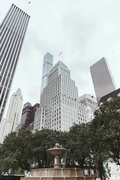 Низький кут зору хмарочосів, дерев і міського фонтану в Нью-Йорку, США — стокове фото