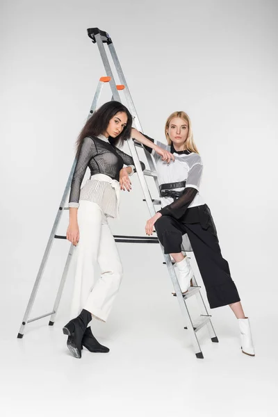 Attractive multiethnic female models in black and white clothes leaning on ladder and looking at camera isolated on white — Stock Photo