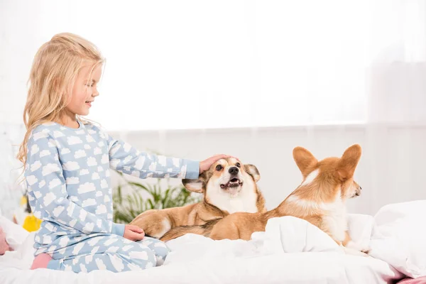 Adorabile bambino sorridente in pigiama coccole cani corgi a letto — Foto stock