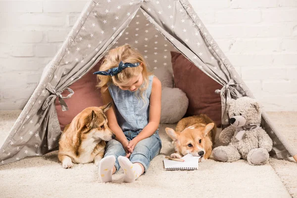 Adorable child sitting with corgi dogs in wigwam at home — Stock Photo