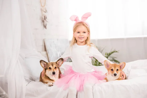 Bambino sorridente in fascia orecchie di coniglio seduto con cani corgi gallesi sul letto a casa — Foto stock