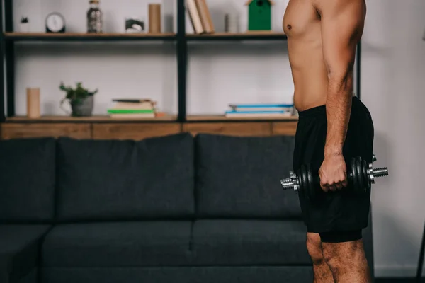 Cropped view of man holding heavy dumbbell — Stock Photo