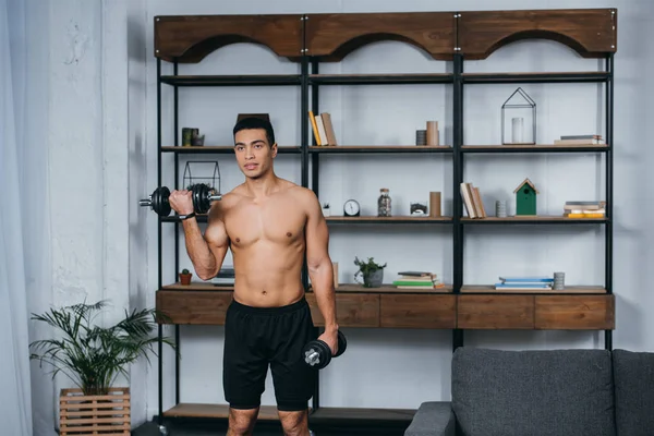 Strong bi-racial man workout with heavy dumbbells in living room — Stock Photo