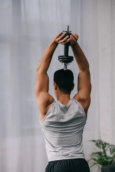 Back view of man standing in sportswear holding dumbbell over head — Stock Photo