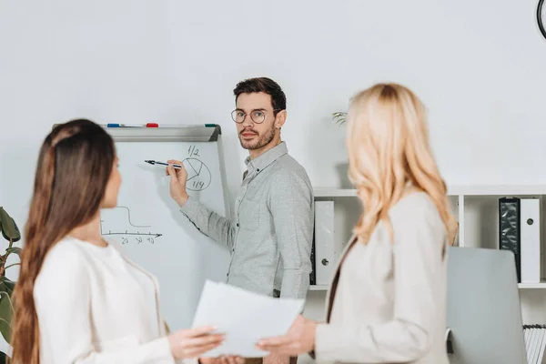 Seitenansicht von Geschäftsfrauen, die Papiere in der Hand halten und einen gutaussehenden Geschäftsmann mit Brille anschauen, der auf Whiteboard zeigt — Stockfoto