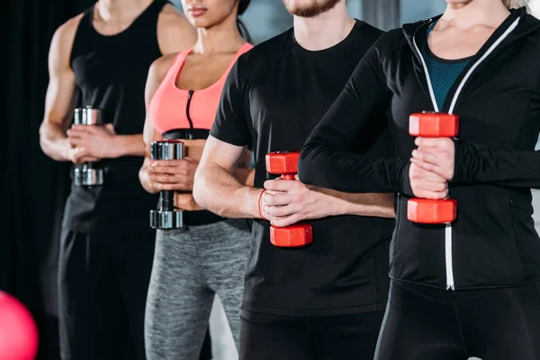 Cropped shot of multiethnic group in sportswear exercising with dumbbells in gym — Stock Photo