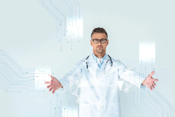 Handsome doctor in glasses with stethoscope on shoulders standing with open arms and brain interface — Stock Photo