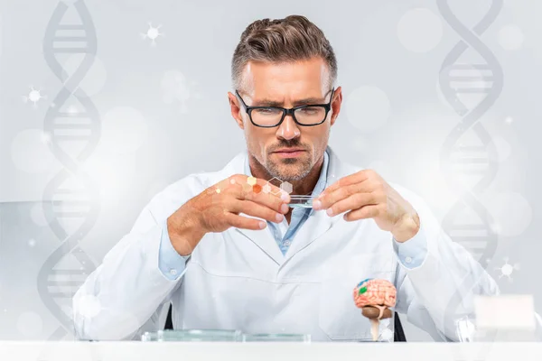 Handsome scientist in glasses looking at reagent with dna symbols — Stock Photo