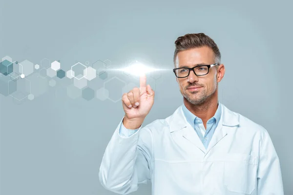 Handsome scientist in white coat and glasses touching technology interface in air isolated on grey, artificial intelligence concept — Stock Photo
