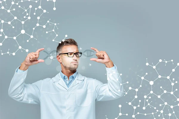 Handsome scientist in glasses holding dna interface isolated on grey, artificial intelligence concept — Stock Photo