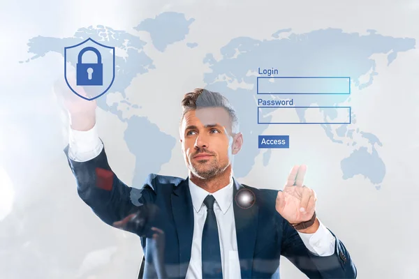 Guapo hombre de negocios tocando iconos de seguridad, mapa del mundo e inicio de sesión aislado en blanco, concepto de inteligencia artificial - foto de stock