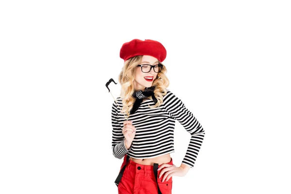 Attractive blonde woman in glasses holding fake mustache on stick isolated on white — Stock Photo