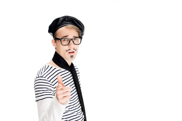 French man in glasses and black beret pointing with finger isolated on white — Stock Photo