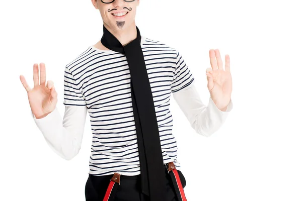 Vista cortada de homem alegre com bigode sorrindo isolado no branco — Fotografia de Stock