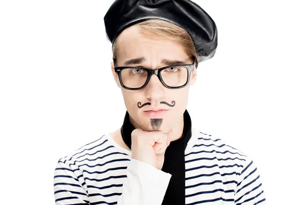 Upset french man with mustache in black beret isolated on white — Stock Photo