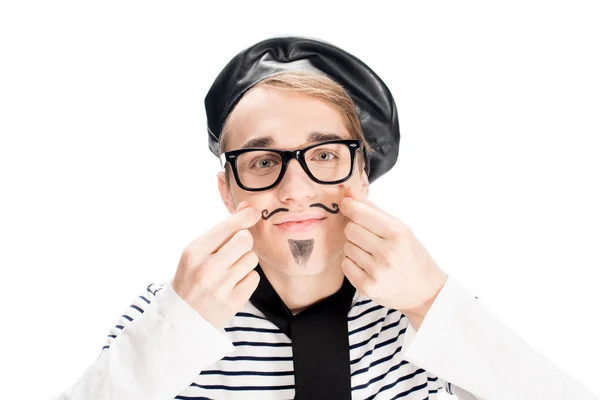 French man in black beret and scarf touching mustache isolated on white — Stock Photo