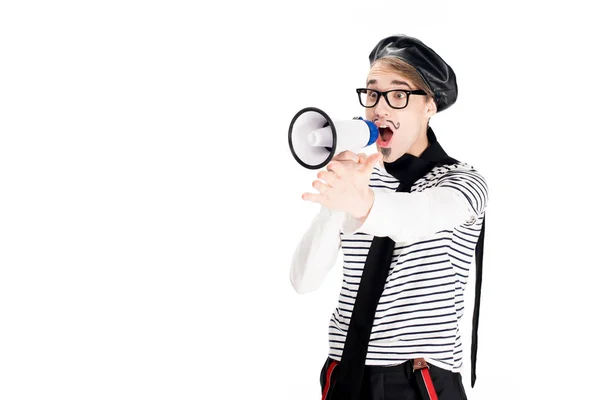 French man in black beret screaming in megaphone isolated on white — Stock Photo