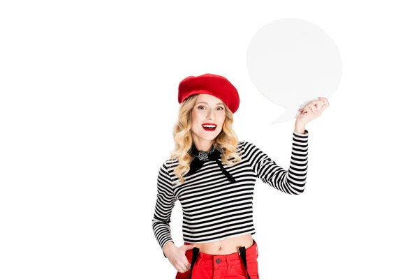 Attractive french woman  holding speech bubble in hands isolated on white — Stock Photo