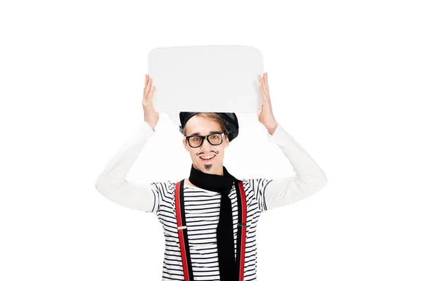 French man in glasses holding speech bubble in hands isolated on white — Stock Photo