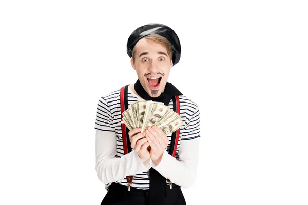 Fröhlicher französischer Mann mit Dollarnoten in den Händen, isoliert auf weißem Grund — Stockfoto