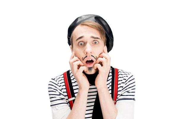 Scared french man in black beret and scarf isolated on white — Stock Photo