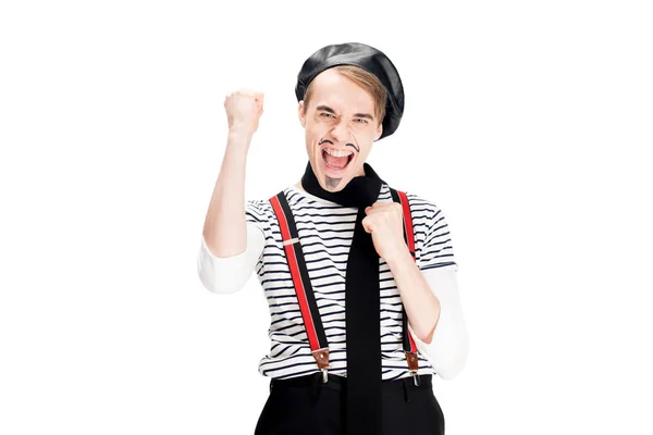 Excited french man in black beret celebrating winning isolated on white — Stock Photo