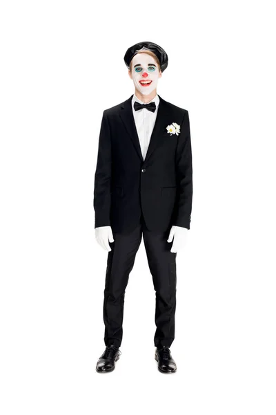 Cheerful clown in black beret and suit smiling isolated on white — Stock Photo