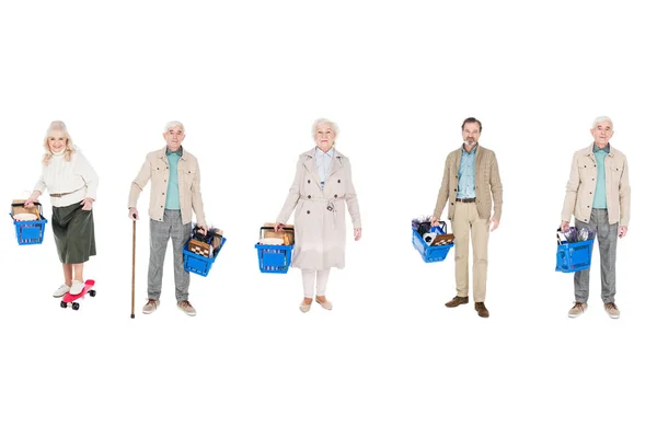 Collage of pensioners holding shopping baskets with groceries isolated on white — Stock Photo