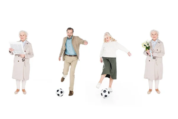 Коллаж пенсионеров, играющих в футбол рядом с женщинами с цветами и газеты изолированы на белом — стоковое фото