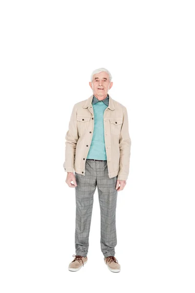 Happy senior man smiling while standing isolated on white — Stock Photo