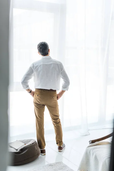 Visão traseira do homem sênior em pé na casa moderna — Fotografia de Stock