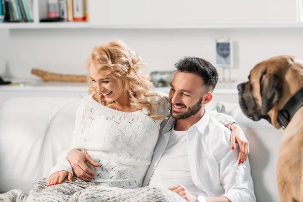 Пара сміється, сидячи на дивані з собакою — стокове фото