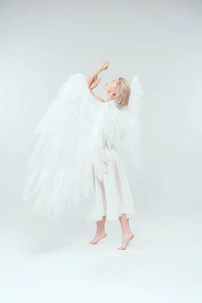 Bela mulher macia com asas de anjo gesticulando com as mãos e posando no fundo branco — Fotografia de Stock