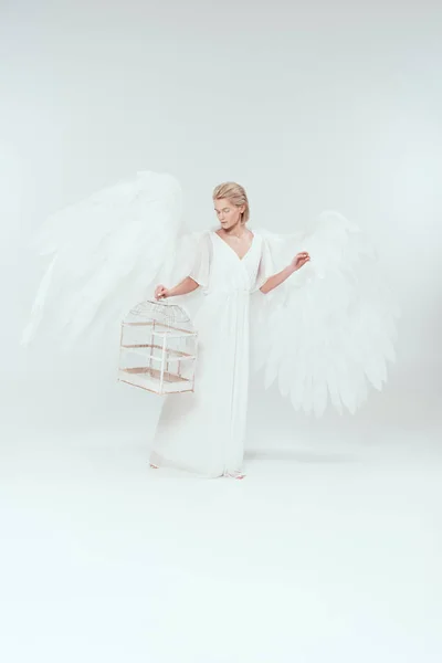 Hermosa mujer en traje de ángel con alas sosteniendo jaula de pájaro aislado en blanco - foto de stock