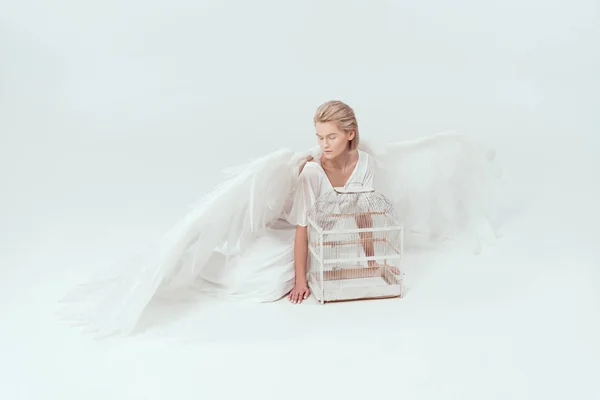 Hermosa mujer tierna en traje de ángel con alas posando con jaula de pájaro aislado en blanco - foto de stock