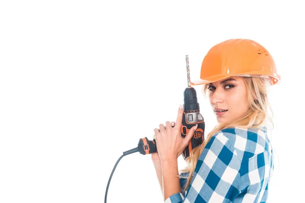 Attractive handy woman in blue shirt and orange hardhat holding screwdriver isolated on white — Stock Photo