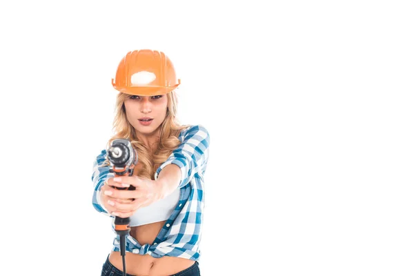 Mulher útil em camisa azul e chapéu de laranja com chave de fenda isolada no branco — Fotografia de Stock