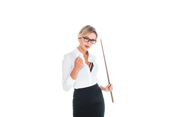 Blonde teacher in blouse with open neckline holding pointer isolated on white — Stock Photo