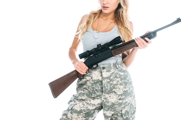 Cropped view of militarywoman in grey t-shirt, camouflage pants with weapon isolated on white — Stock Photo