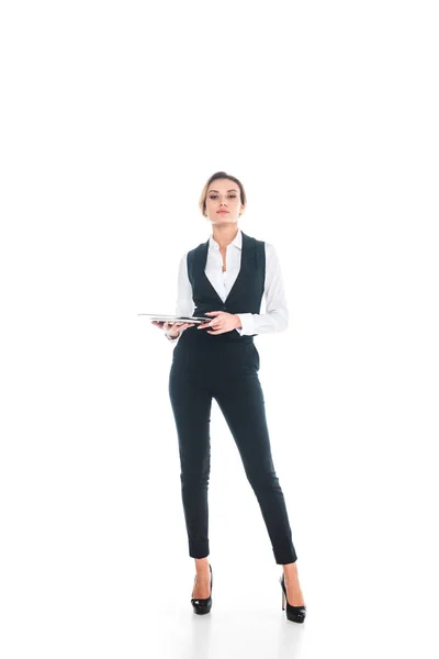 Waitress in black uniform standing and holding tray on white background — Stock Photo