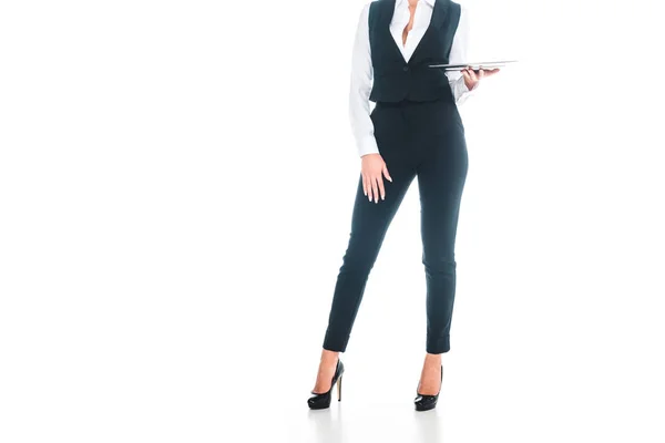 Cropped view of waitress in black uniform with tray on white background — Stock Photo