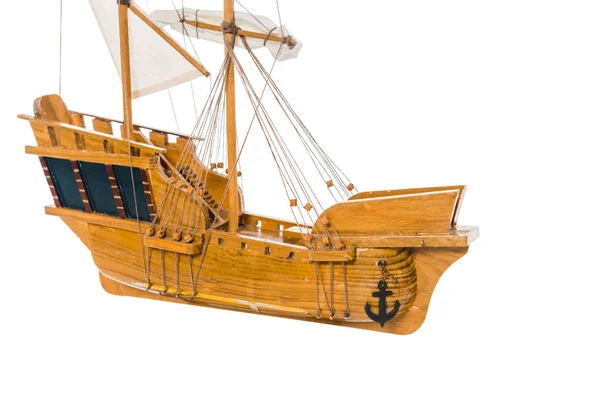 Vintage wooden ship model floating in air isolated on white with copy space — Stock Photo