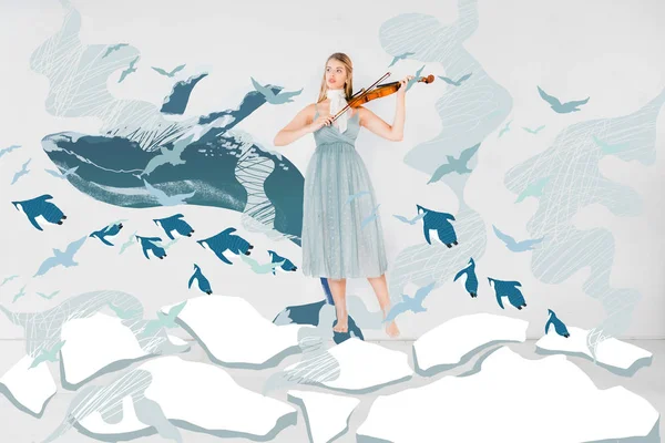 Floating girl in blue dress playing violin with whale and birds illustration — Stock Photo