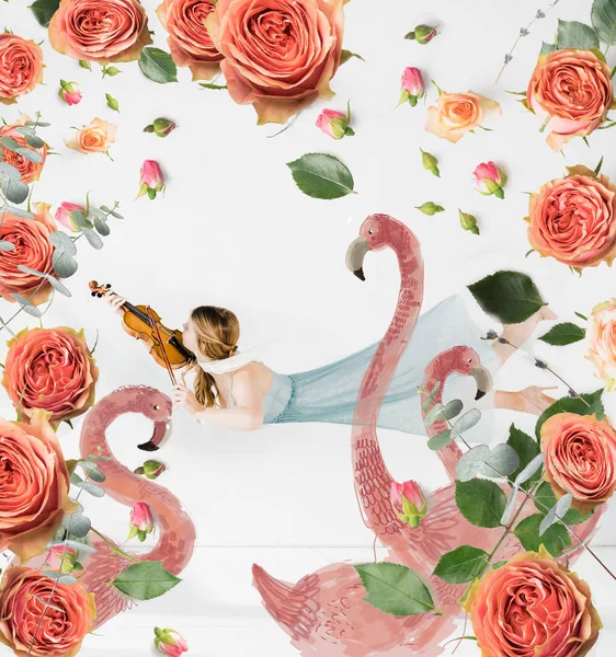 Floating girl playing violin with birds and flowers illustration — Stock Photo