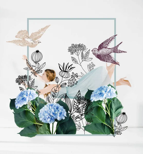 Floating girl in blue dress with flowers and birds illustration — Stock Photo