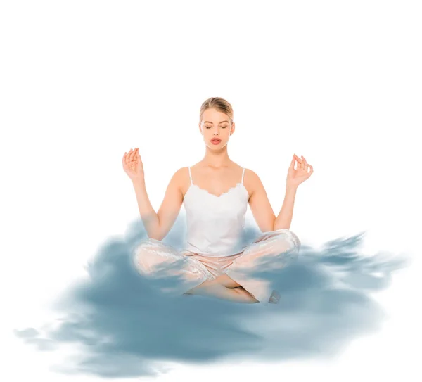 Chica en pose de loto meditando con la ilustración de nubes azules — Stock Photo