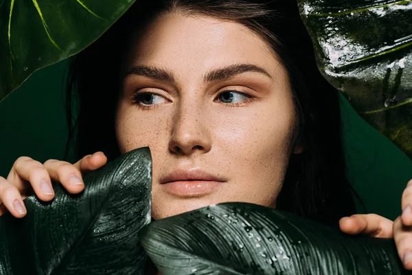 Привлекательная девушка с веснушками на лице позирует с листьями изолированы на зеленый — стоковое фото