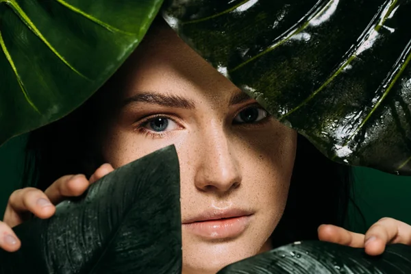 Jolie fille avec des taches de rousseur sur le visage posant avec des feuilles tropicales isolées sur vert — Photo de stock