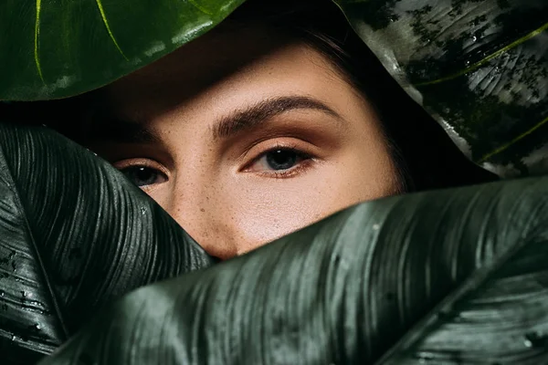 Частичный вид на привлекательную девушку с веснушками, позирующими с зелеными листьями — стоковое фото